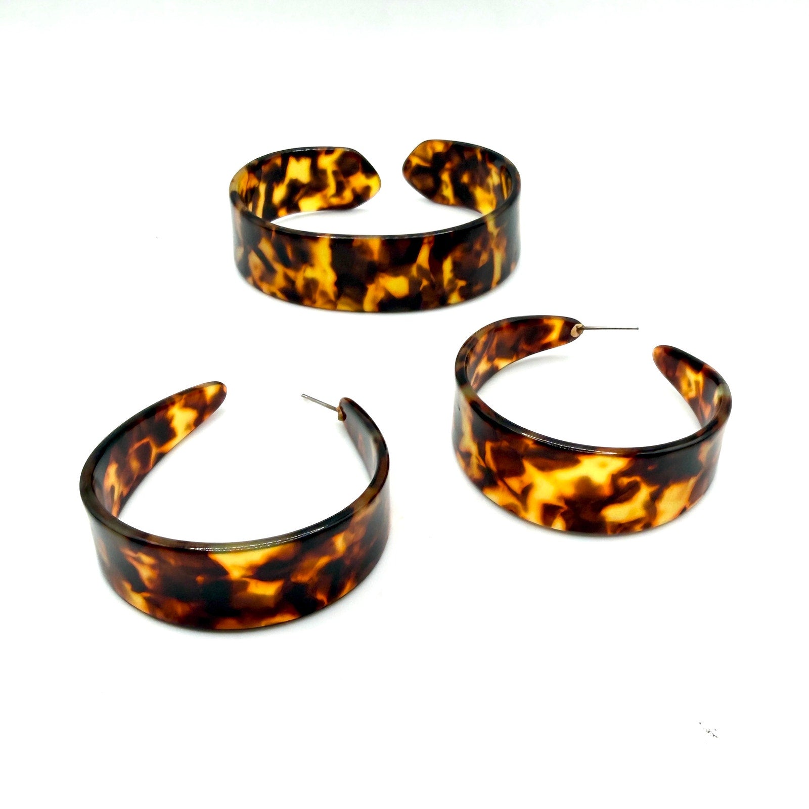 Vintage 80s Tortoiseshell Chunky Hoop Cuff Bracelet Earring Set