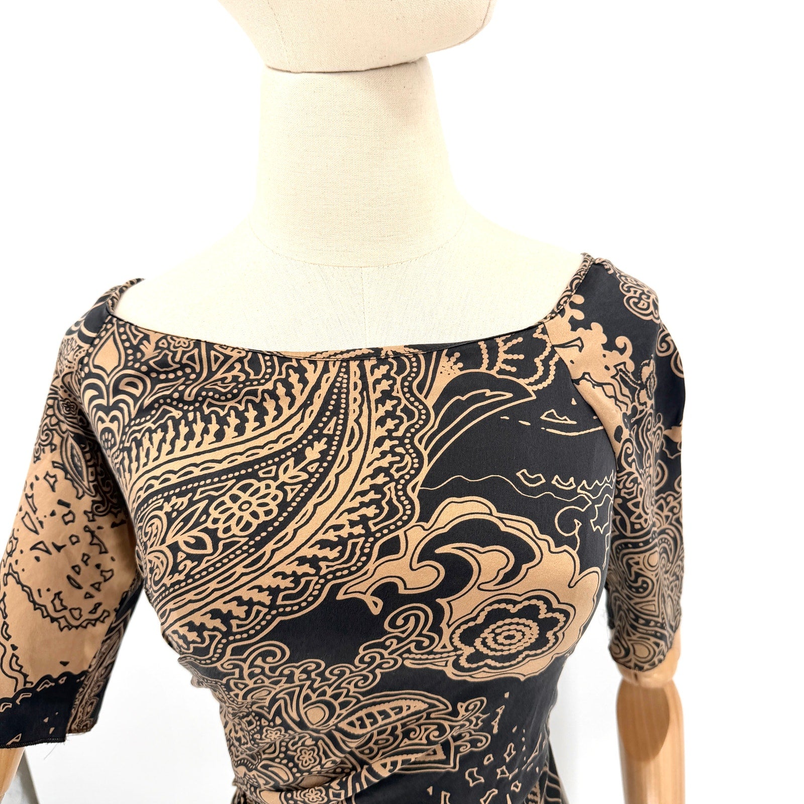 Vintage Y2K Etro Black Copper Silk Stretch Ruched Paisley Sheath Dress