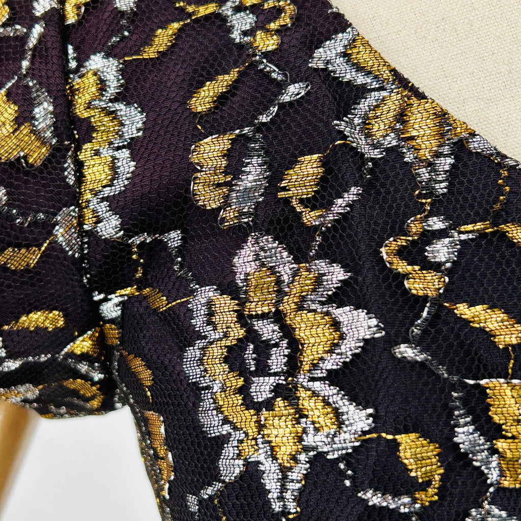Vintage 50s/60s Black Gold Metallic Floral Lace Evening Cocktail Dress