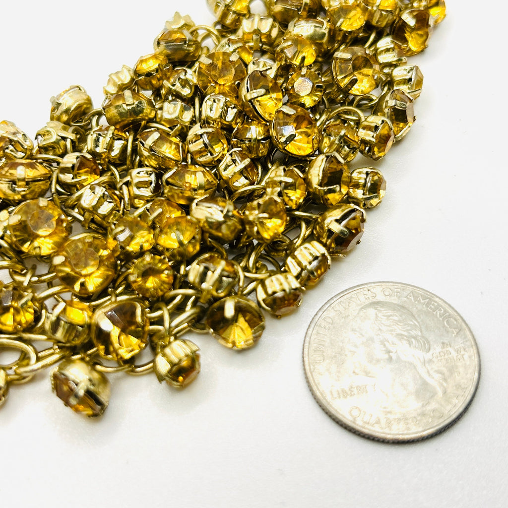 Y2k Yellow Gold Rhinestone Crystal Chain Link Bib Glam Bling Costume Necklace