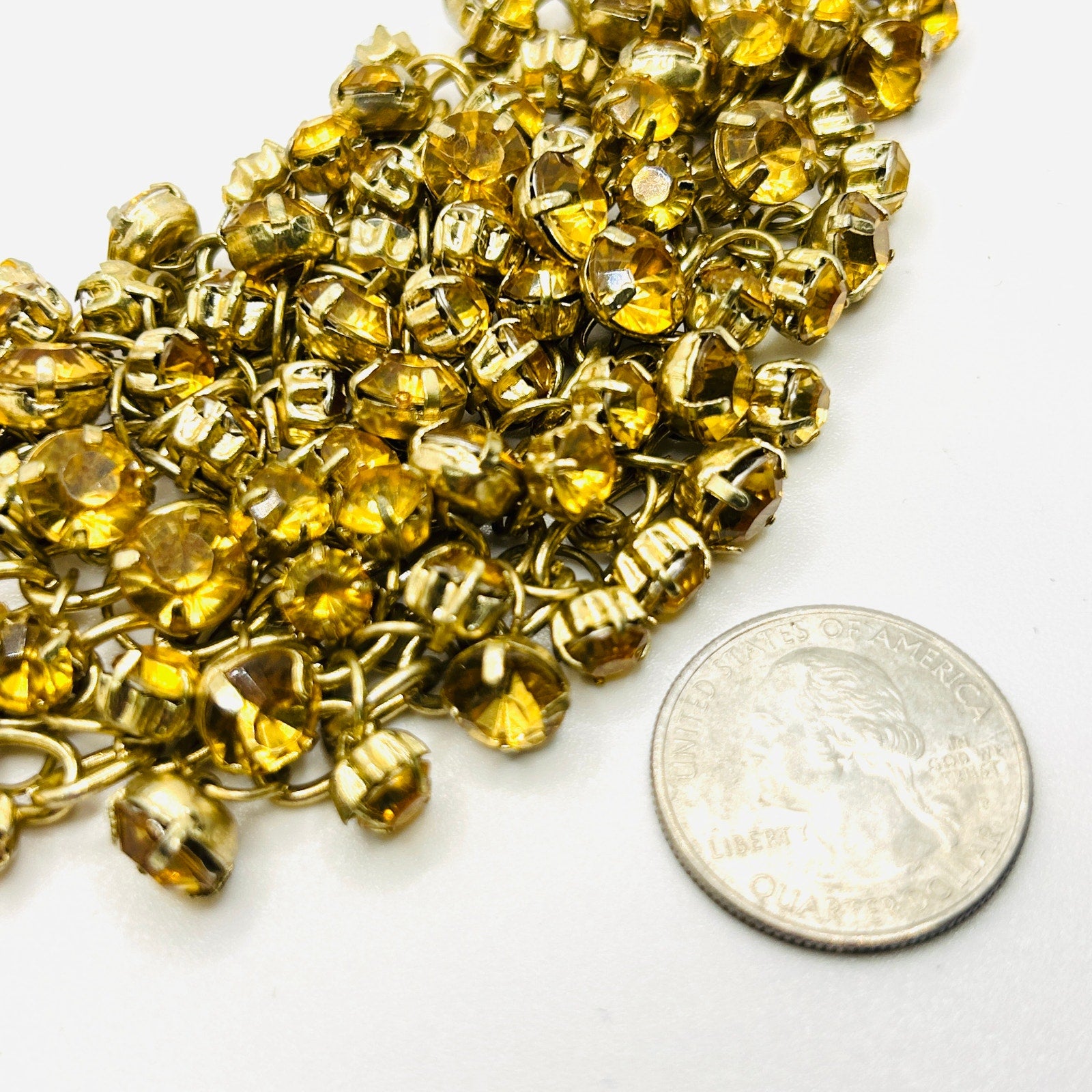 Y2k Yellow Gold Rhinestone Crystal Chain Link Bib Glam Bling Costume Necklace