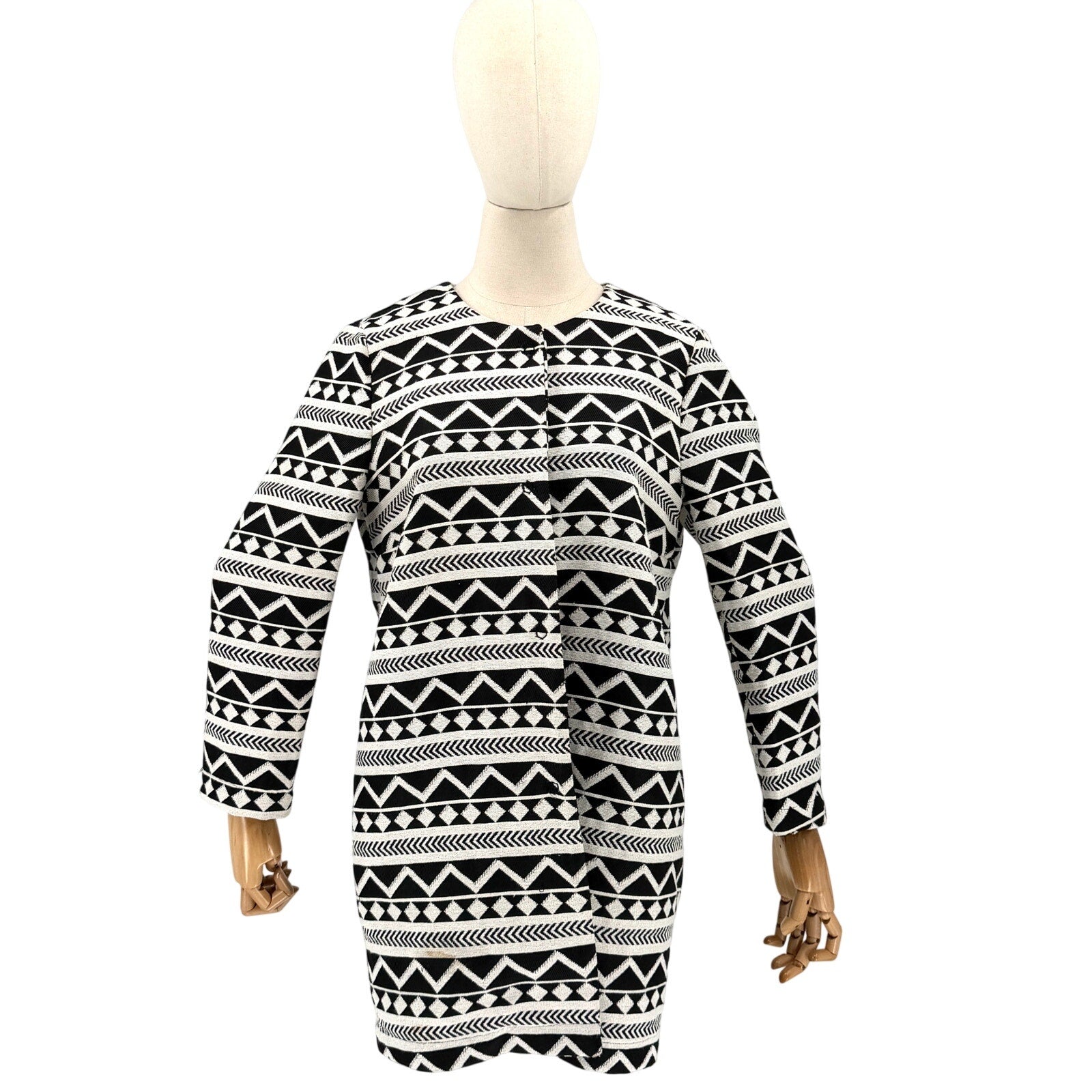 Hope Black White Aztec Tribal Geometric Snap Front Collarless Jacket