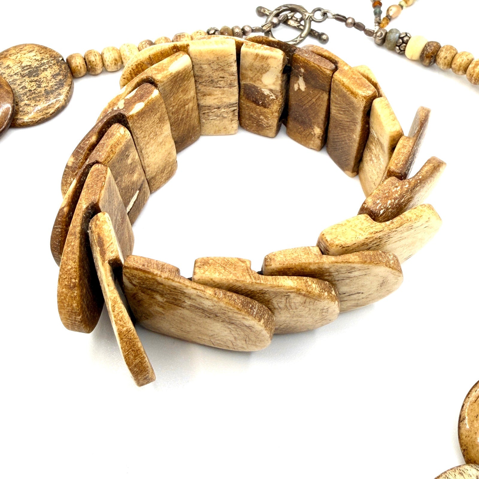 Vintage 90s Hand Carved Natural Bone Graduated Flat Disc Necklace Bracelet Set