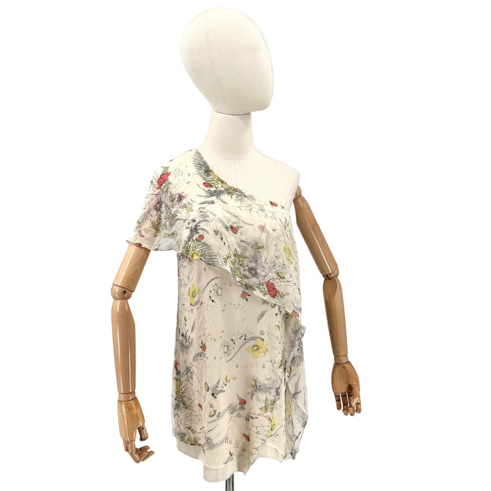 Haute Hippie Cream Floral 100% Silk Asymmetrical Ruffle One Shoulder Mini Dress