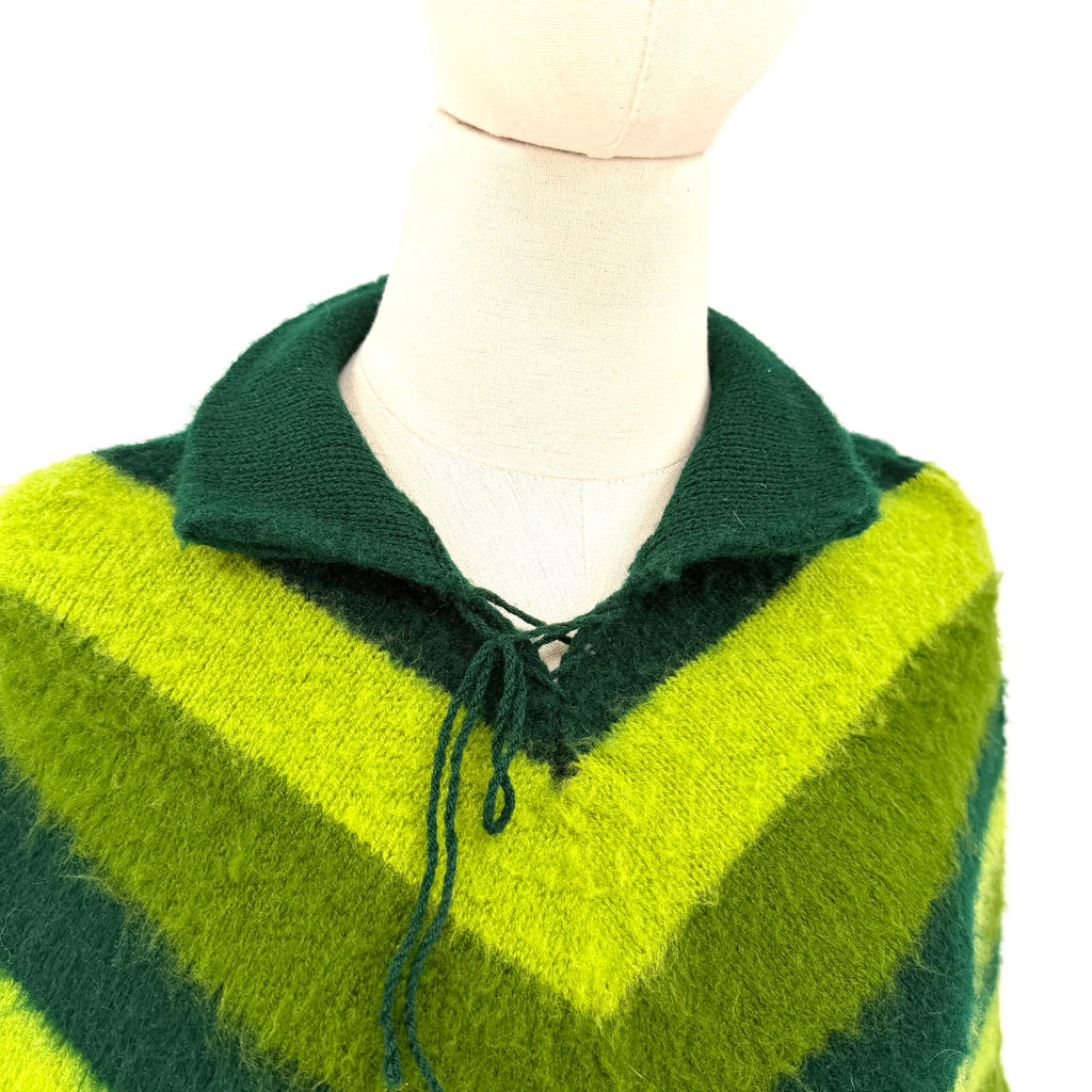 Vintage 70s Green Chevron Striped Acrylic Knit Fringe Poncho Cape