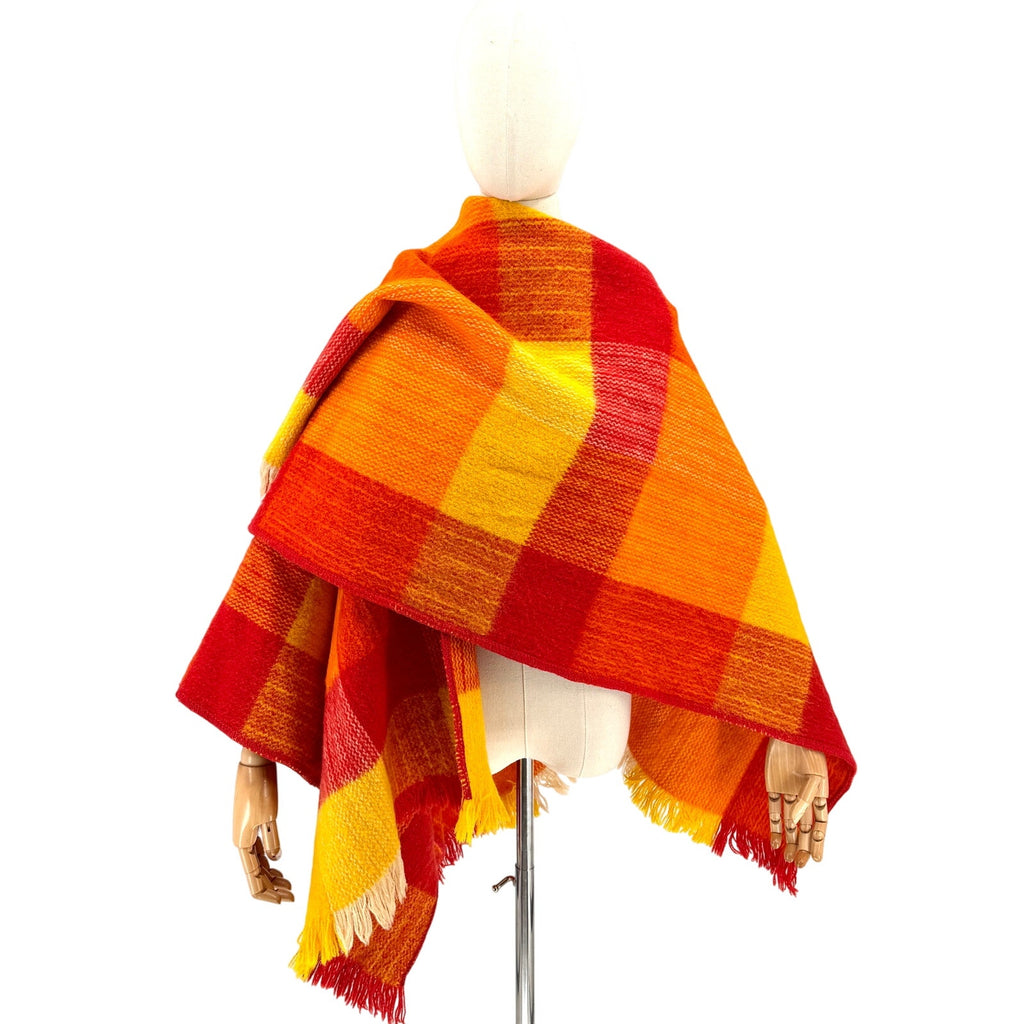 Vintage 60s Colombia S.A. Red Orange 100% Wool Plaid Ruana Poncho