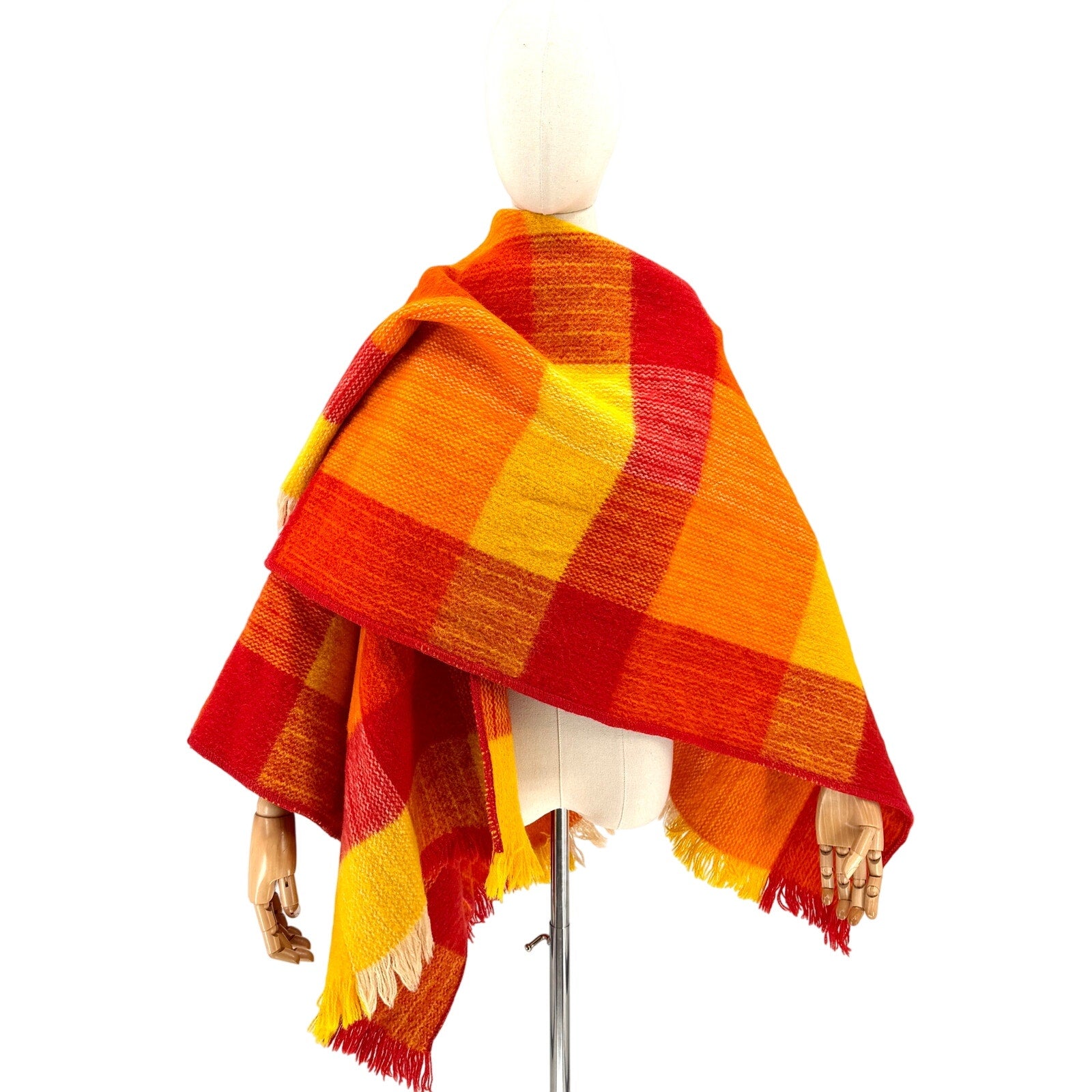 Vintage 60s Colombia S.A. Red Orange 100% Wool Plaid Ruana Poncho