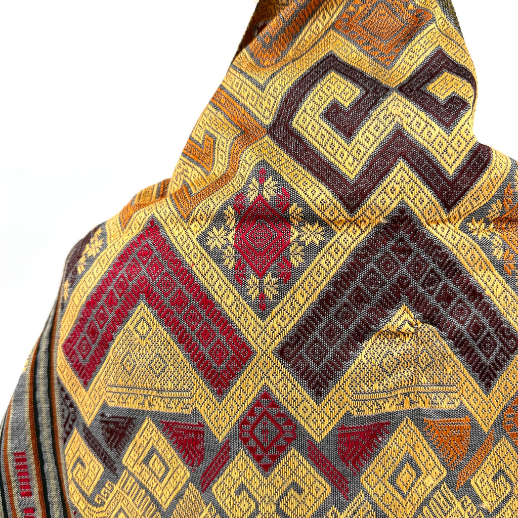 Gray Copper Geometric Tribal Woven Silk Blend Tassel Shawl Wrap
