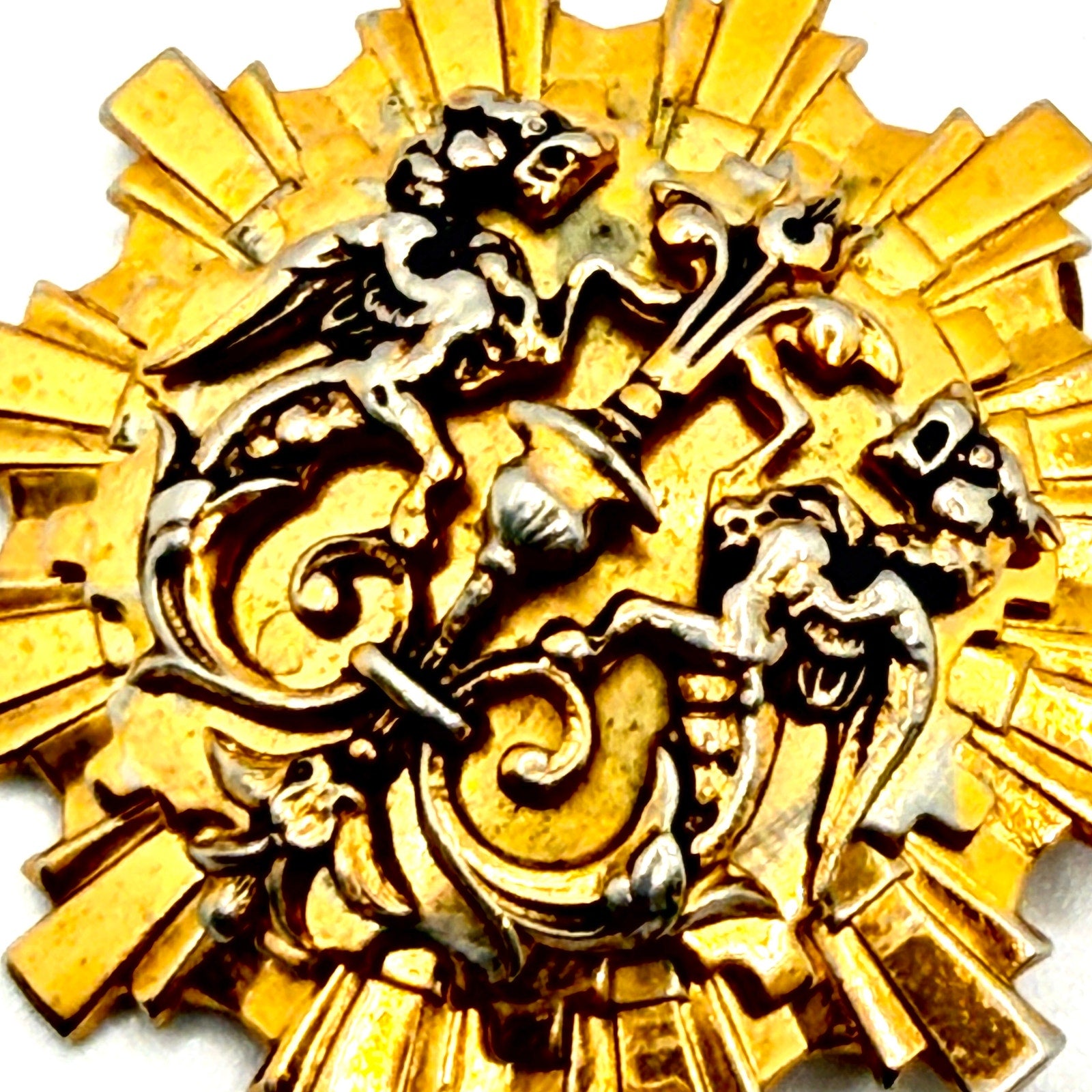 Vintage 60s Coro Gold Silver Tone Metal Heraldic Sunburst Signed Brooch