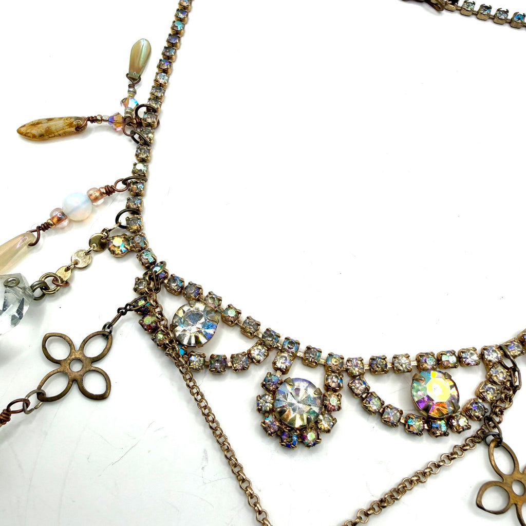 Vintage 70s Multi Gold Rhinestone Glass Bohemian Fringe Teardrop Bib Necklace