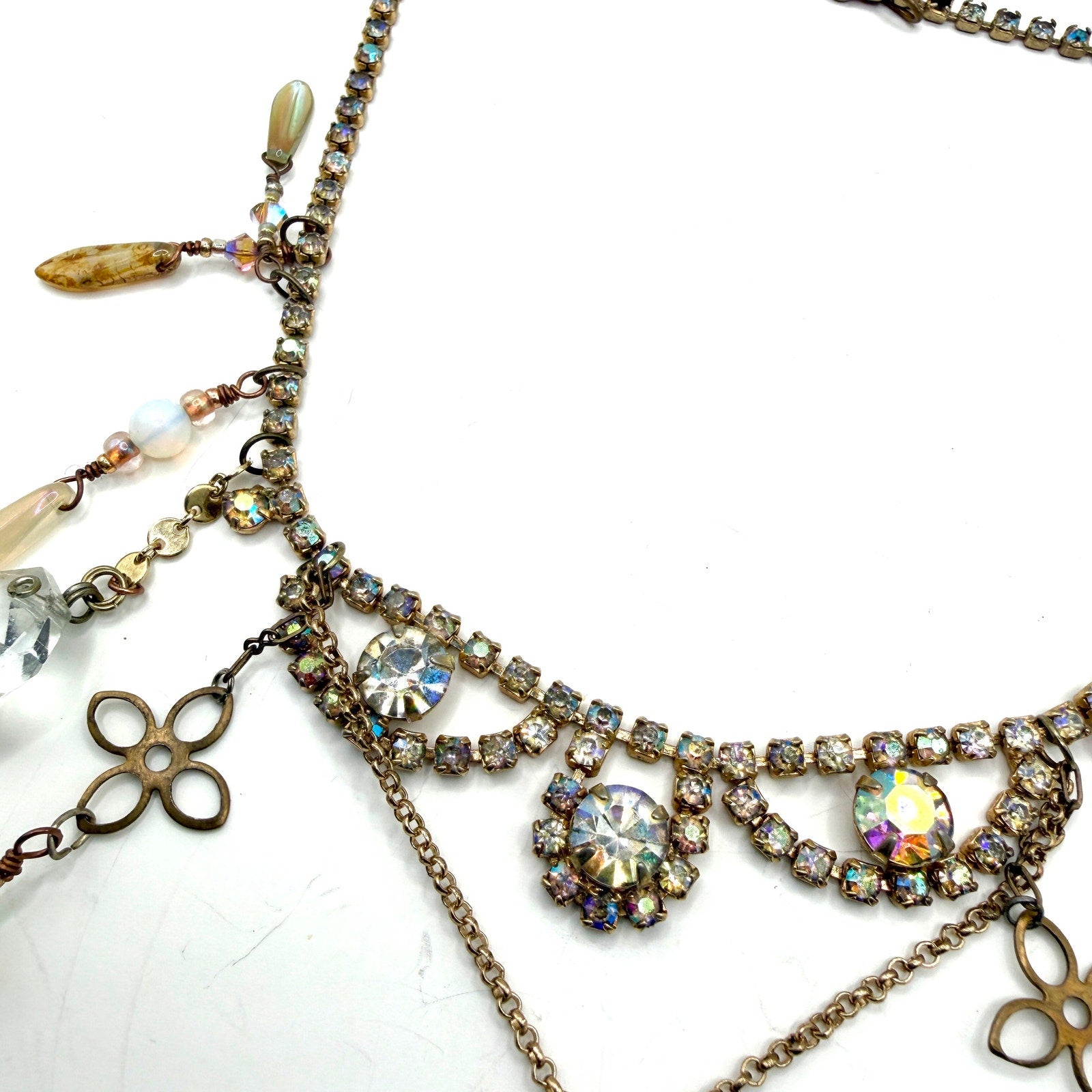 Vintage 70s Multi Gold Rhinestone Glass Bohemian Fringe Teardrop Bib Necklace