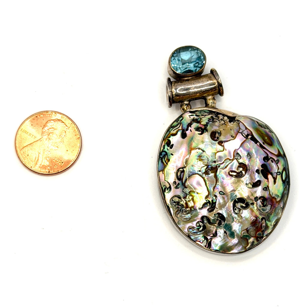 Vintage 90s Blue Topaz Sterling Silver Abalone Shell Statement Pendant