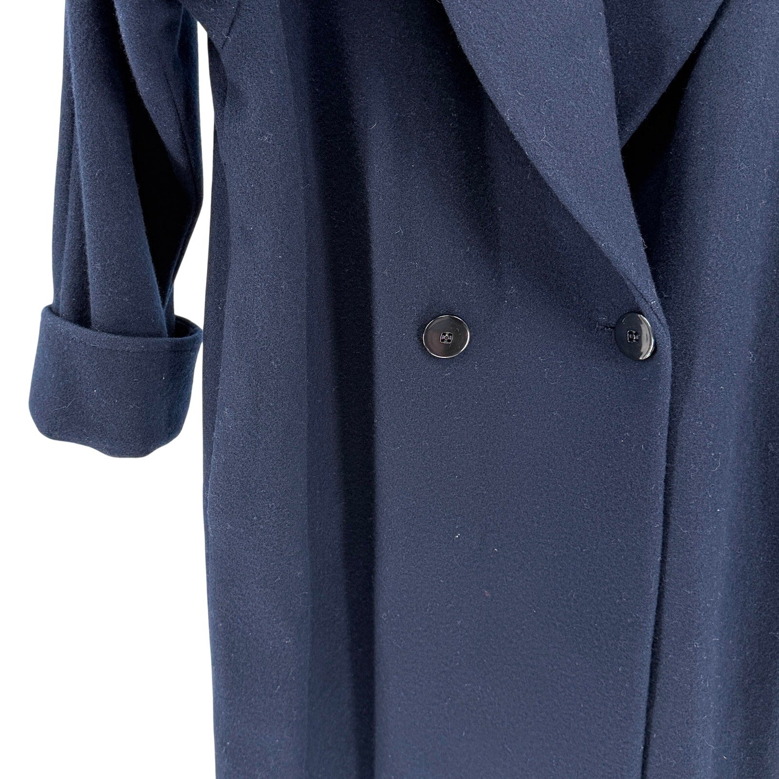 Vintage 80s Ashley Scott Navy Blue 100% Wool Shawl Collar Long Coat
