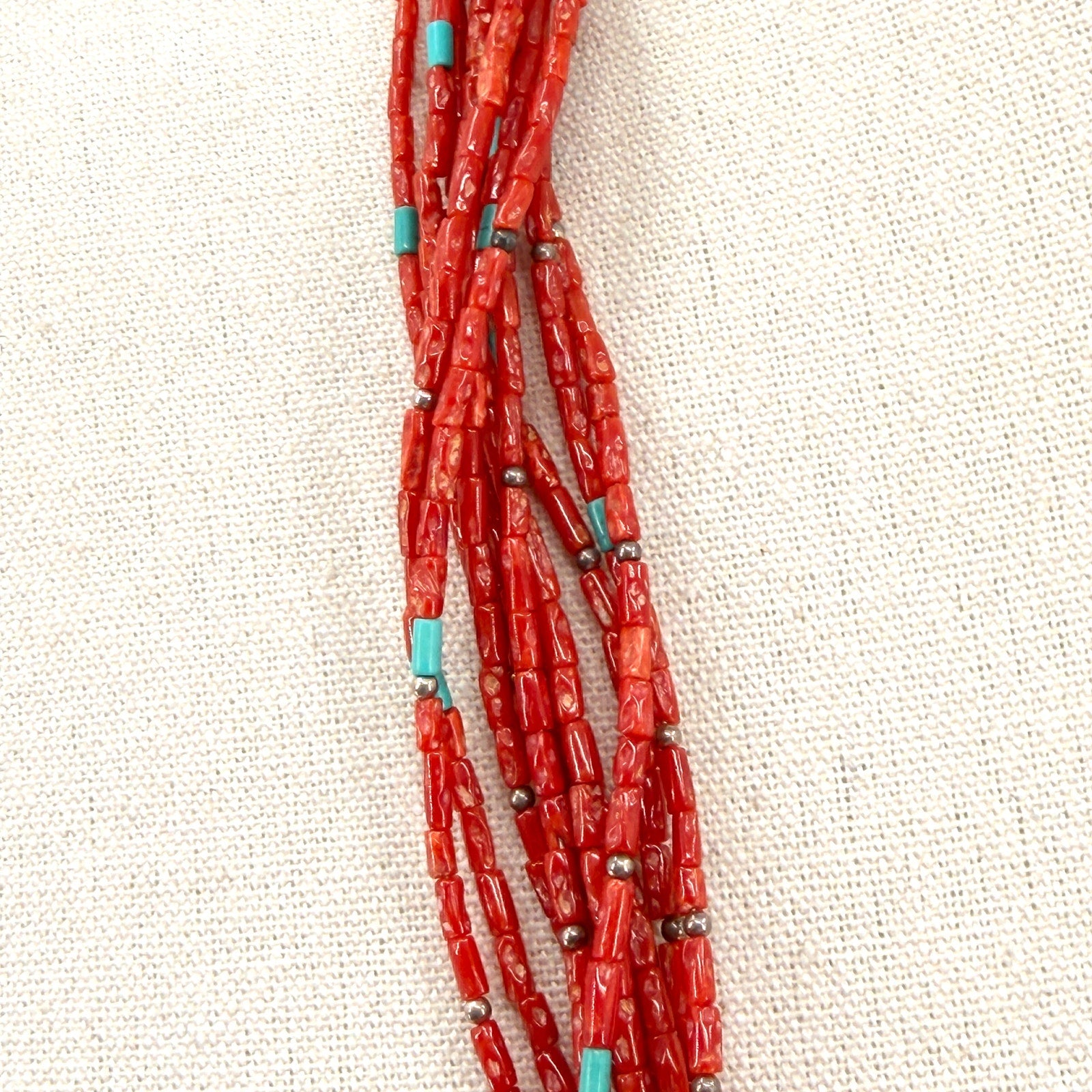 Vintage 80s Red Coral Sterling Silver Southwestern Multi Strand Necklace