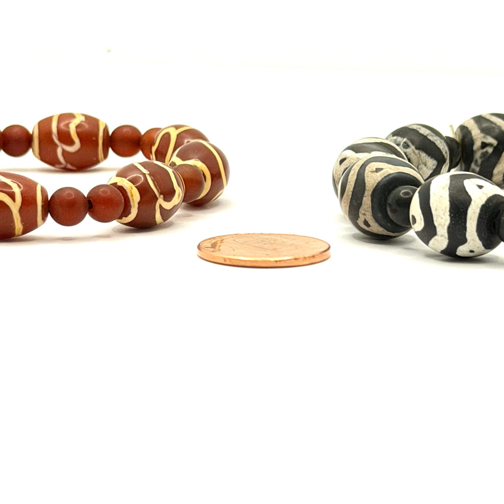 Black Red Etched Dzi Agate Boho Stretch Bracelet Set