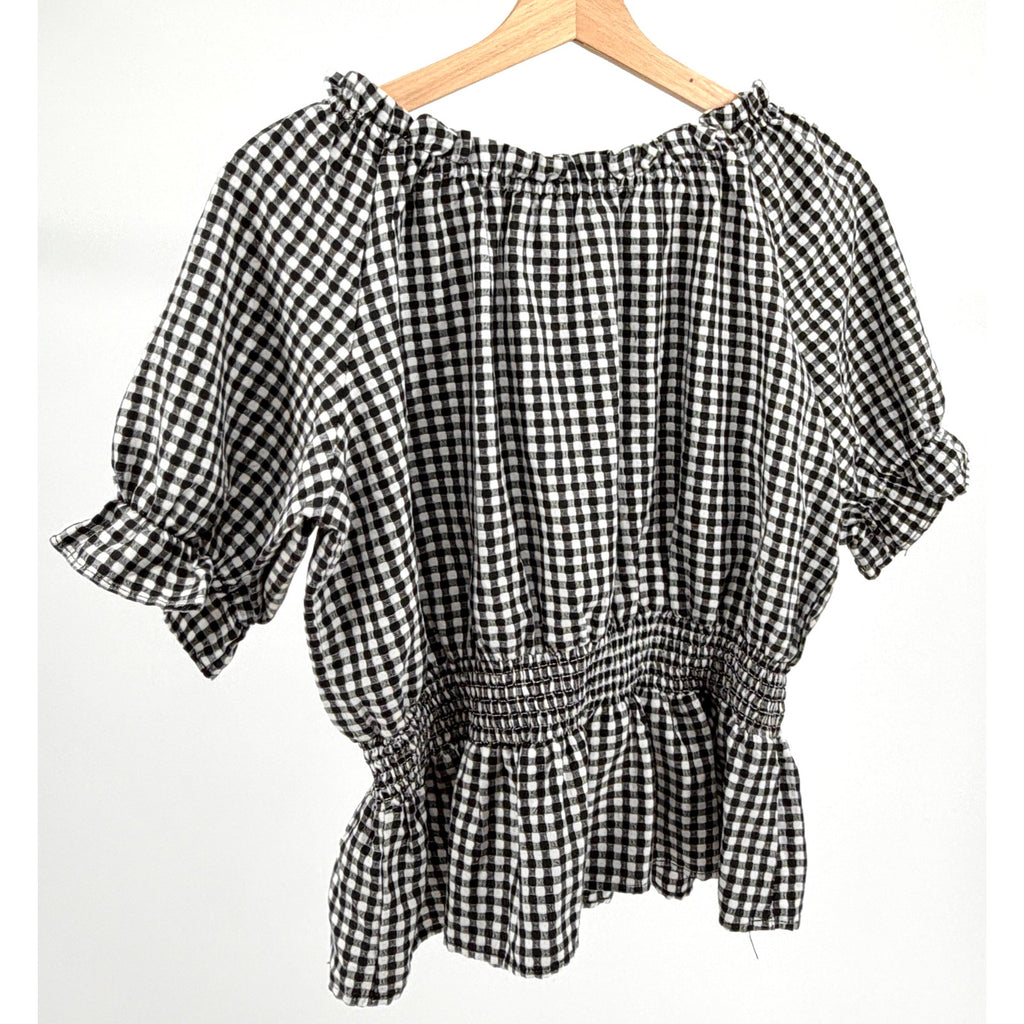 Buffalo David Bitton Black White Gingham Smocked Off-Shoulder Top
