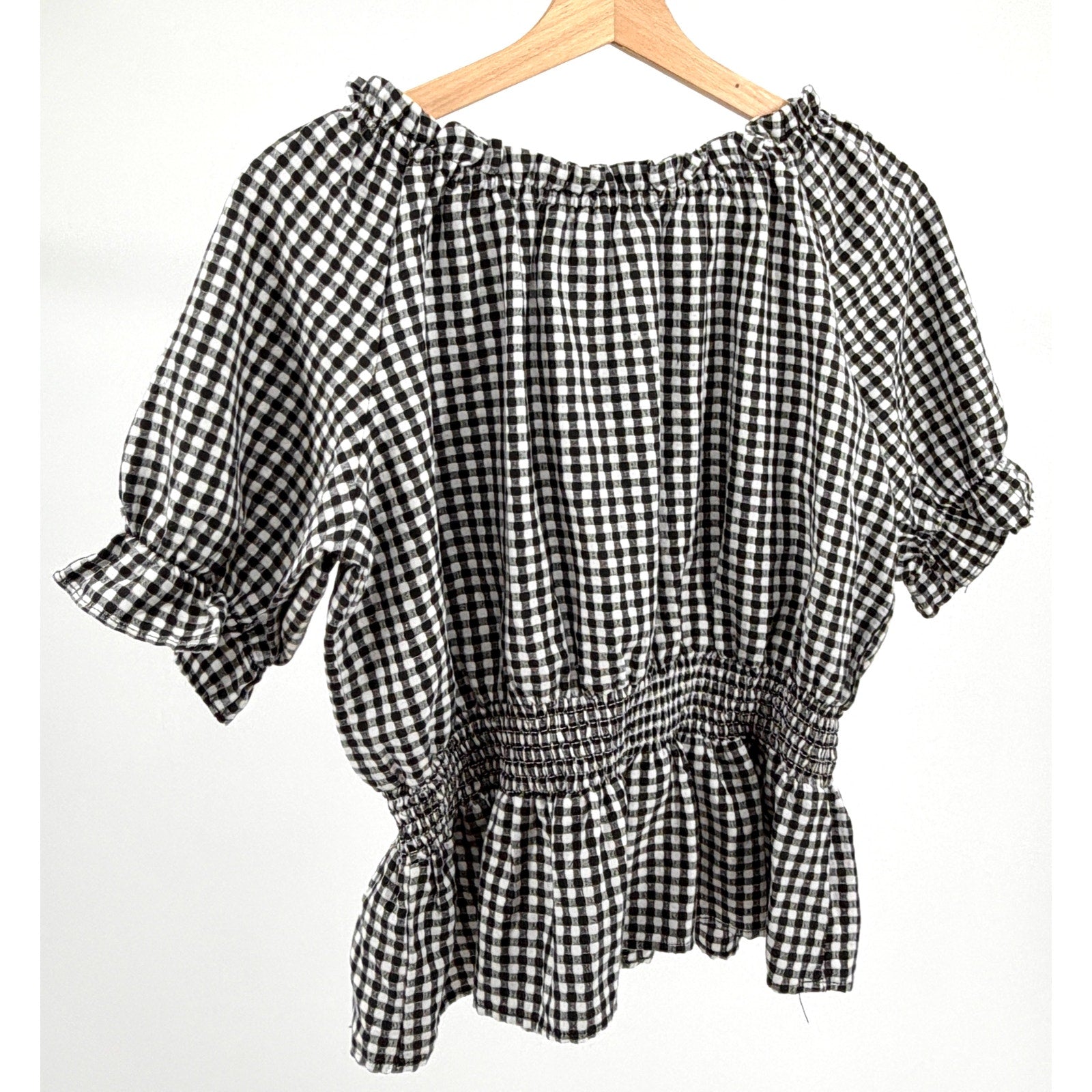 Buffalo David Bitton Black White Gingham Smocked Off-Shoulder Top