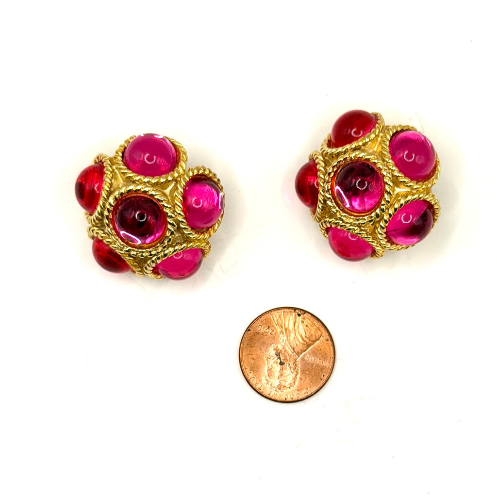 Vintage 80s Pink Red Glass Chunky Rope Border Clip On Cluster Earrings