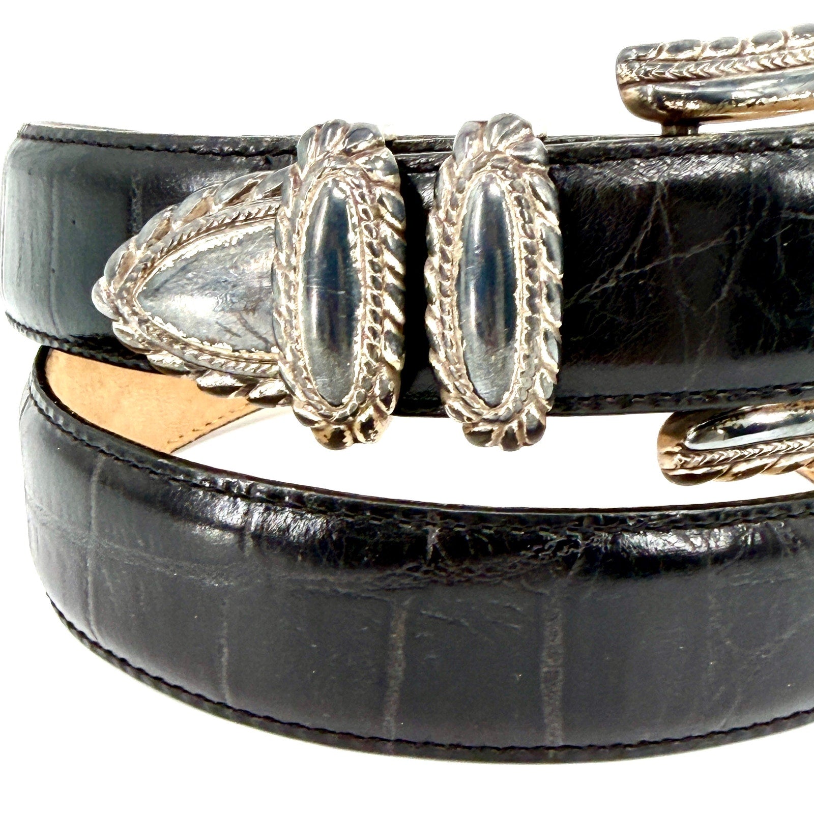 Vintage 90s Brighton Black Genuine Leather Croc Embossed Western Belt