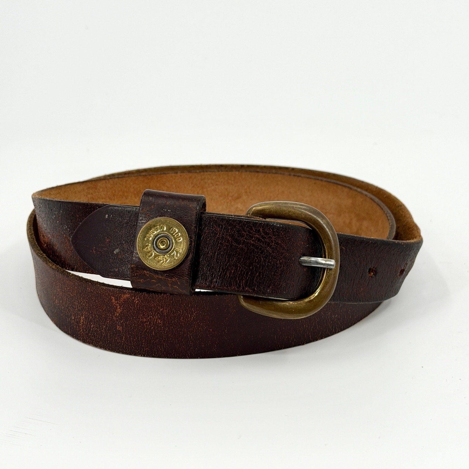 Vintage 90s Rovden Genuine Leather 12 Gauge Shotgun Shell Brass Buckle Belt