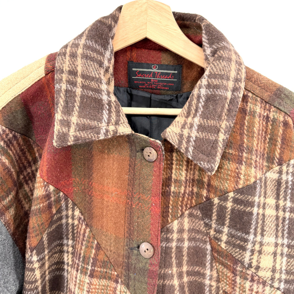 Vintage 90s Sacred Threads Brown Patchwork 100% Wool Plaid Shacket Car Coat