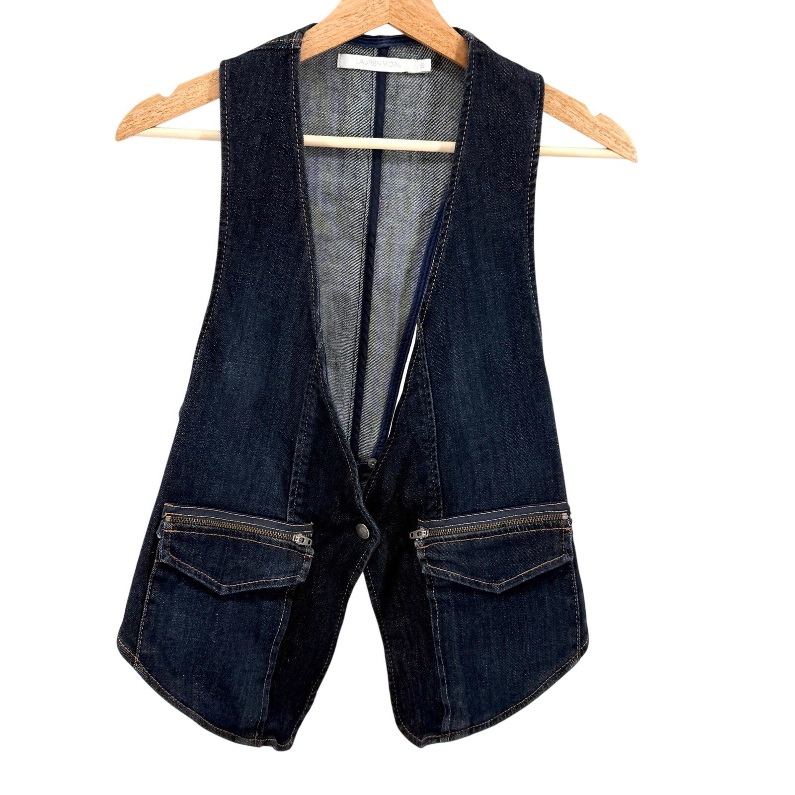 Lauren Vidal Blue Denim Zip Pocket Vest