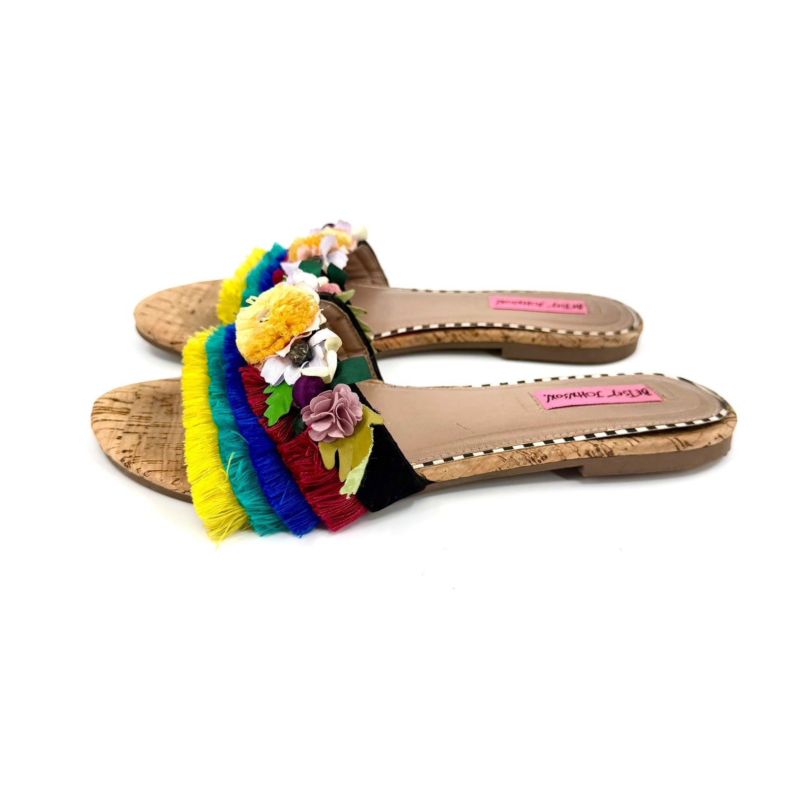 Betsey Johnson Multicolor Tropical Floral Fringe Slide Sandals