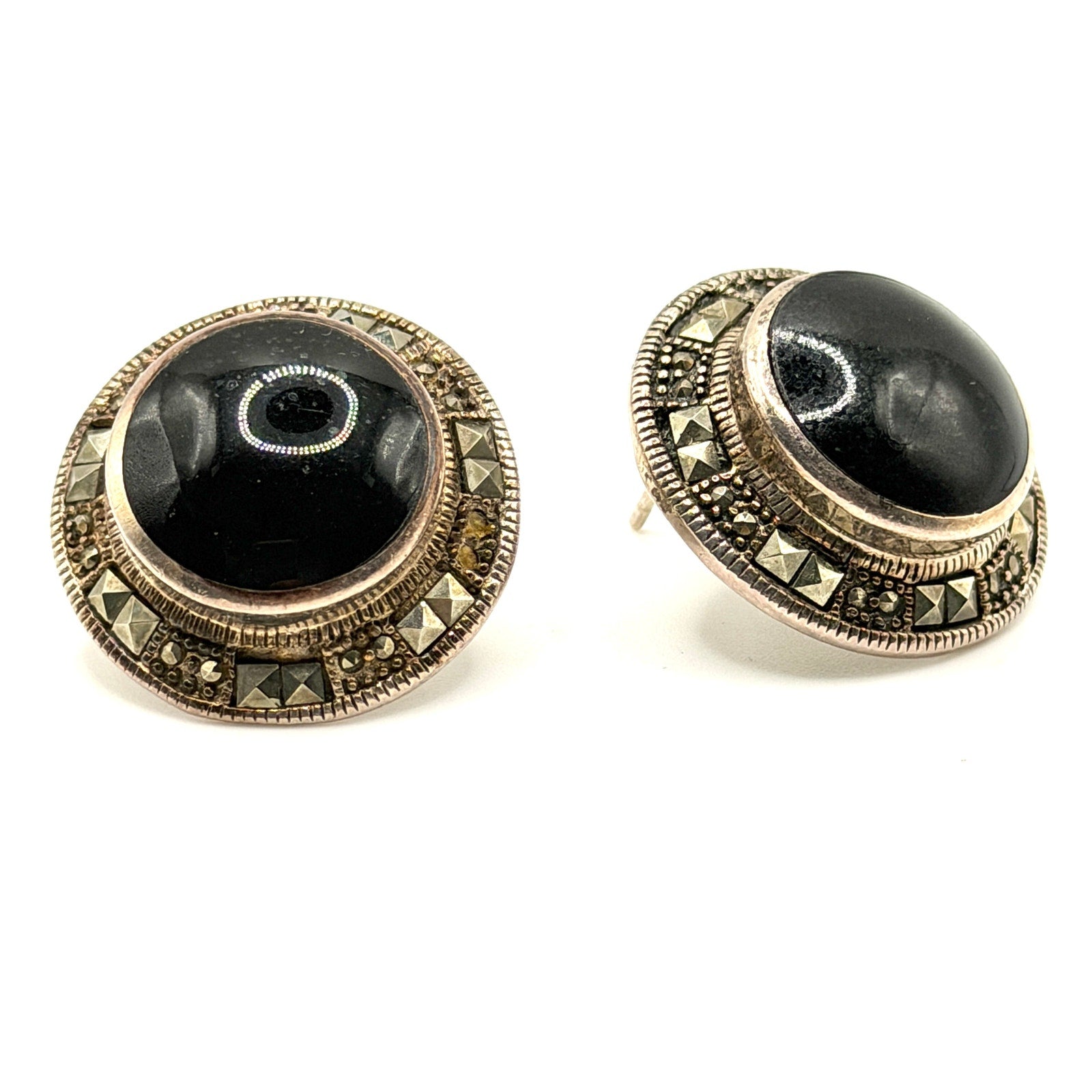 Vintage 90s Collins Fine Jewelry Sterling Silver Black Onyx Marcasite Studs