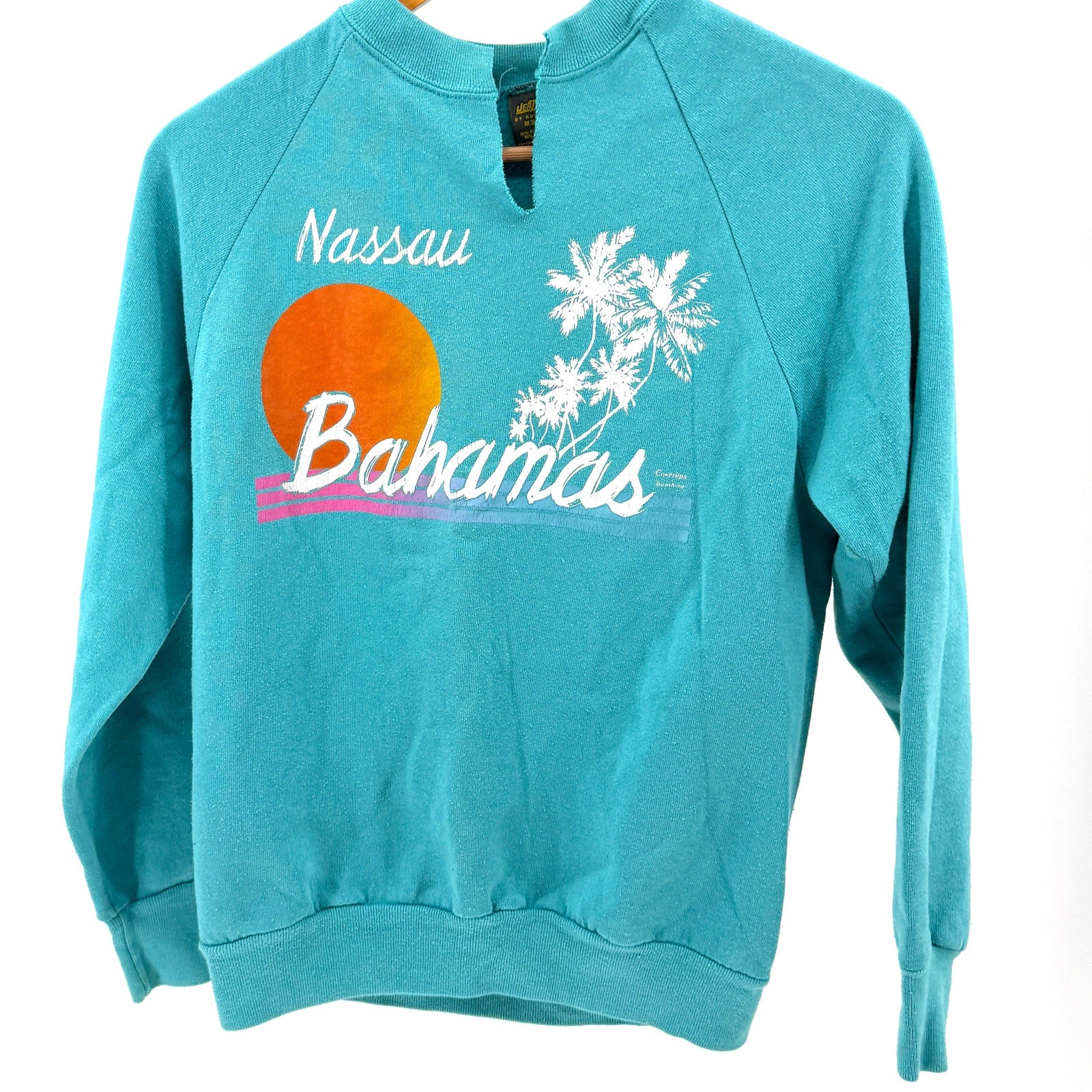 Vintage 90s Jerzees by Russell Teal Graphic Nassau Sunset Raglan Sweatshirt