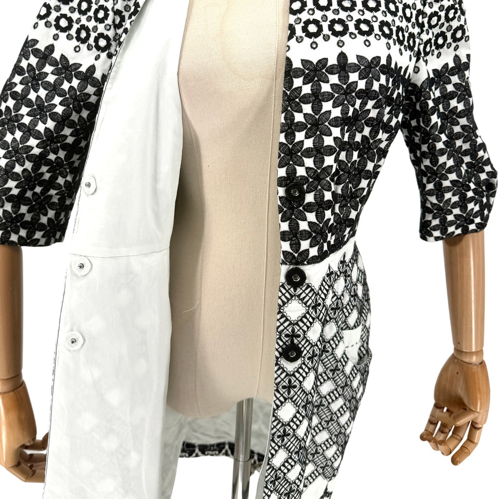 Elie Tahari Black White 100% Cotton Embroidered Eyelet Shift Coat Dress