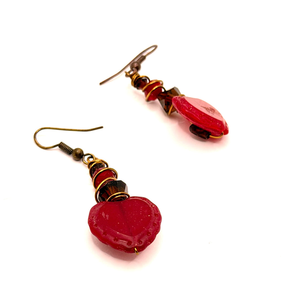 Vintage 90s Red Wire Wrapped Glass Heart Beaded Drop Earrings