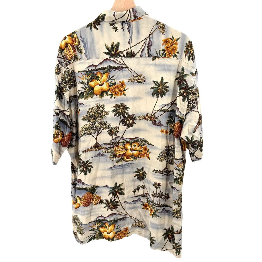 Vintage 90s Pierre Cardin Tan Rayon Hawaiian Scenic Shirt