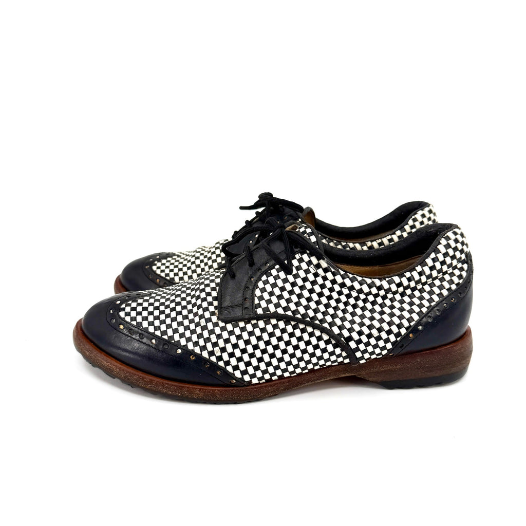 Vintage 90s Walter Genuin Black White Woven Leather Wingtip Golf Shoes
