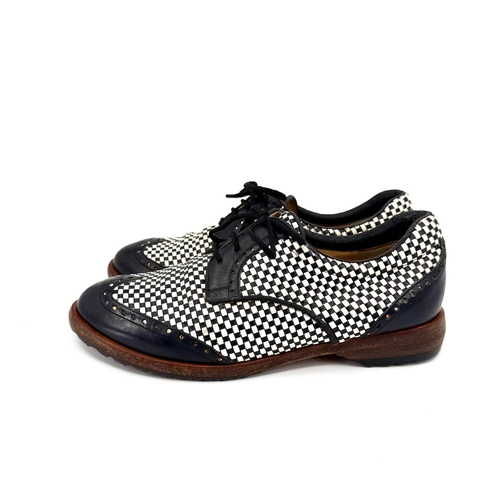 Vintage 90s Walter Genuin Black White Woven Leather Wingtip Golf Shoes