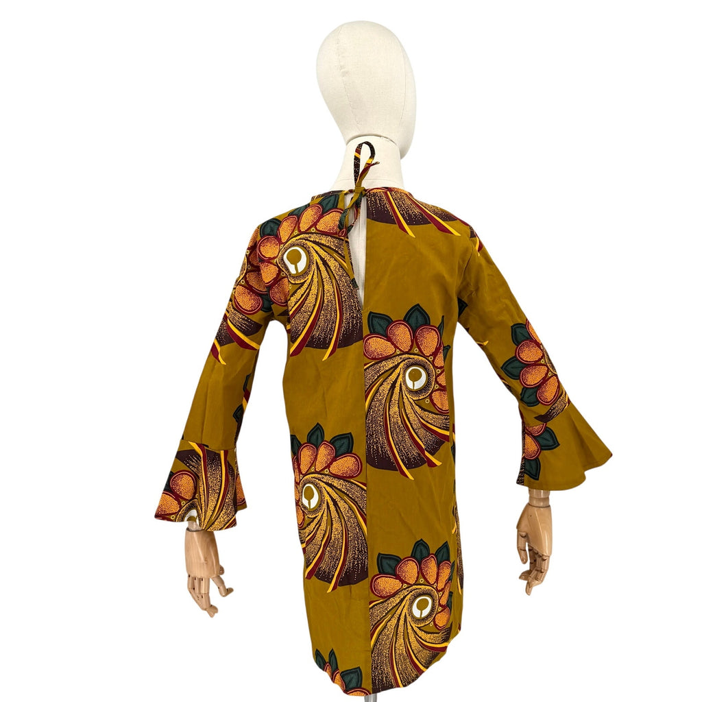 Grass-fields Olive Green Ocher 100% Cotton African Print Bell Sleeve Mini Dress