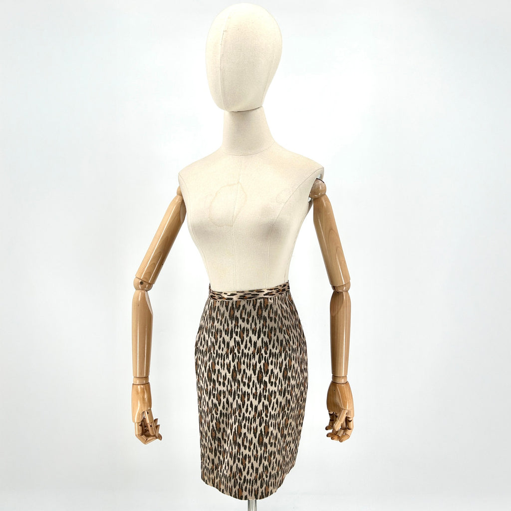 Vintage 90s Alberto Makali Sport Leopard Satin Brocade Pencil Skirt