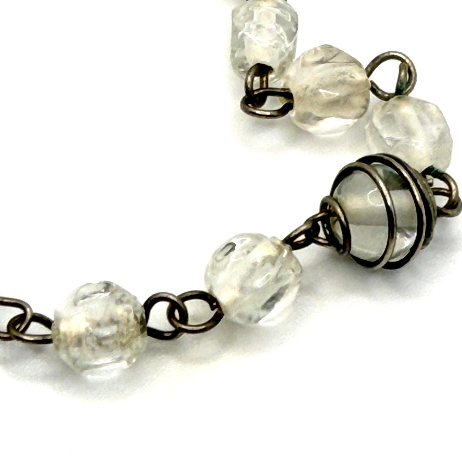 Vintage 90s Clear Glass Wire Wrapped Cage Station Flapper Long Necklace