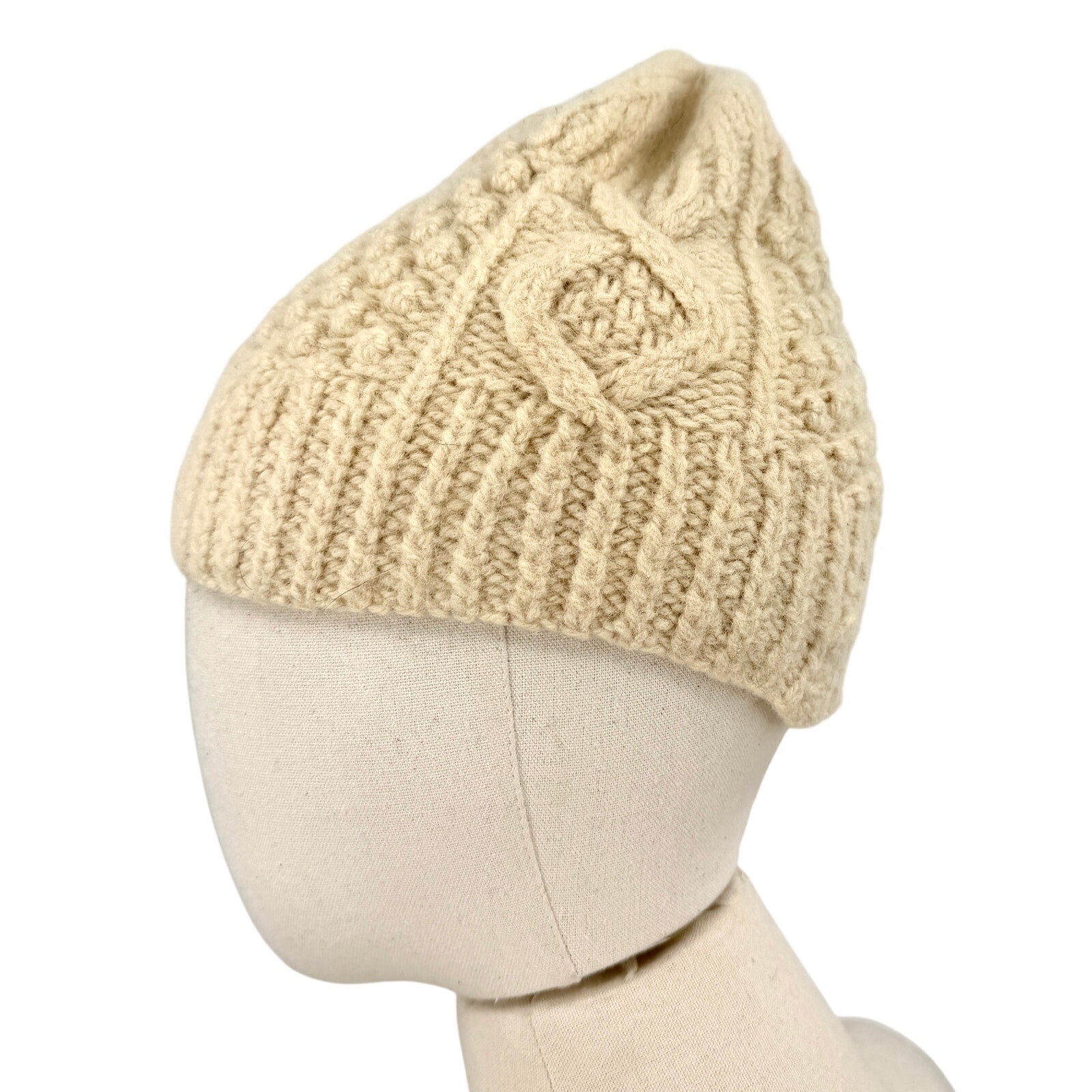 Vintage 70s Handmade Cream 100% Wool Cable Knit Beanie
