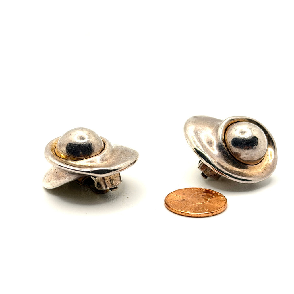 Vintage 90s Stamped Sterling Silver Israel Modernist Hollow Clip On Earrings