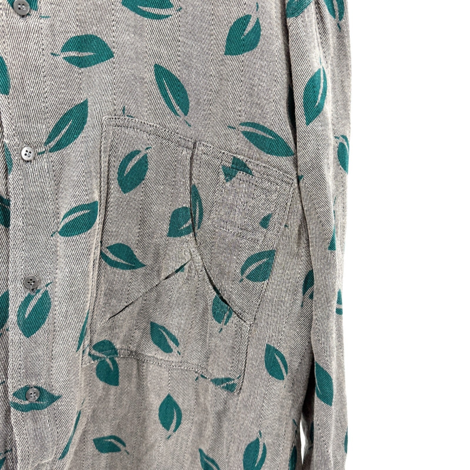 Vintage 80s Mazzoni Grey 100% Cotton Leaf Print Herringbone Shirt