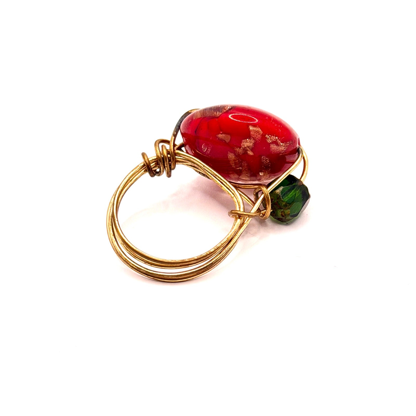 Vintage 90s Gold Wire Wrapped Red Foil Glass Bead Ring