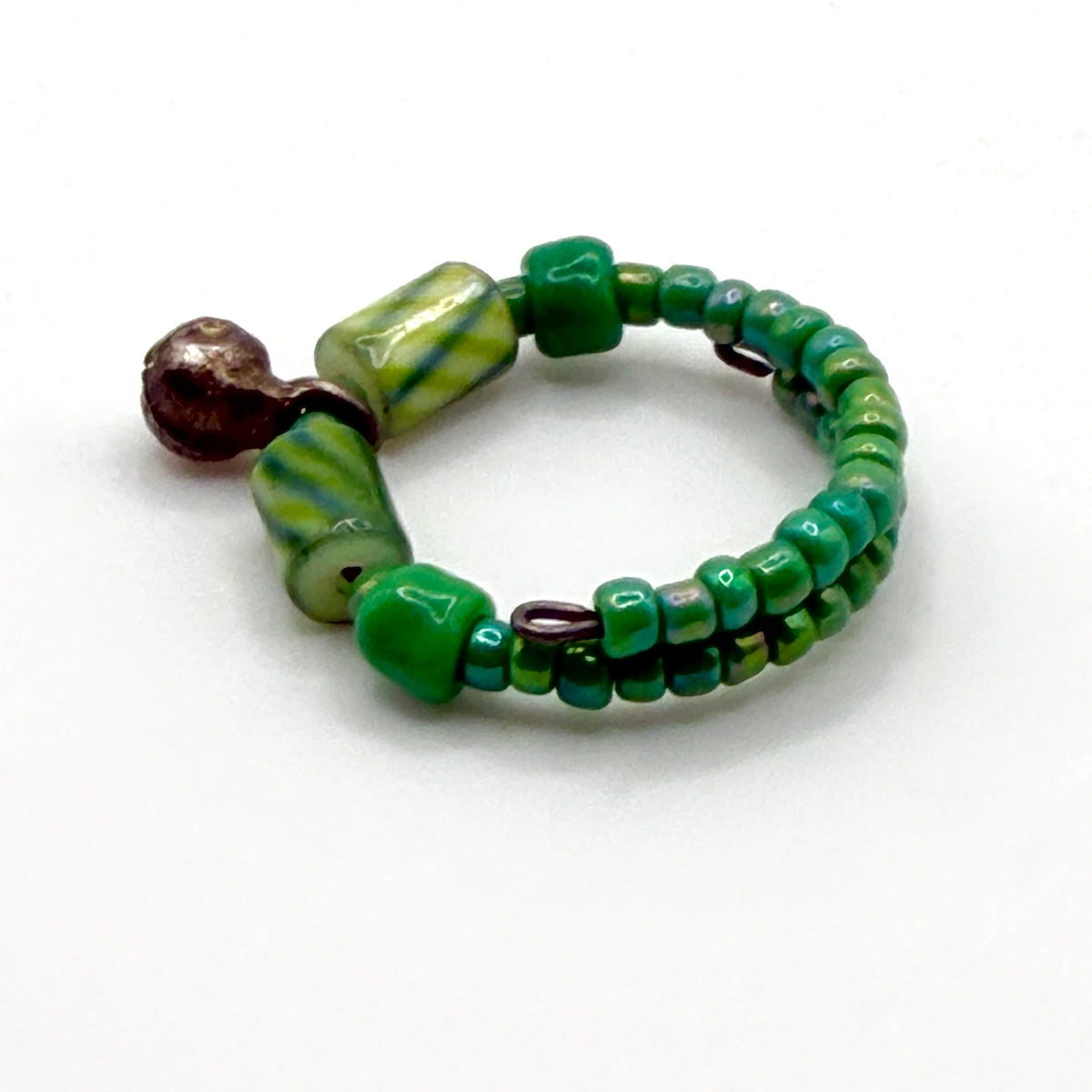 Vintage 90s Green Glass Seed Bead Sterling Silver Dangle Wrap Boho Ring
