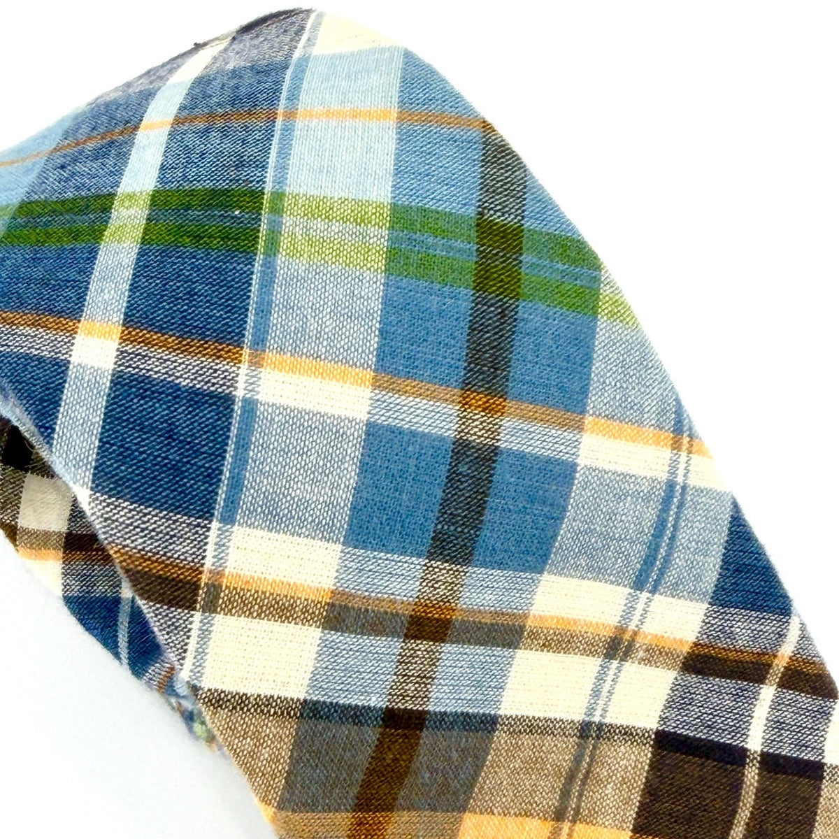 Blue White 100% Cotton Tartan Plaid Skinny Necktie Made In Japan