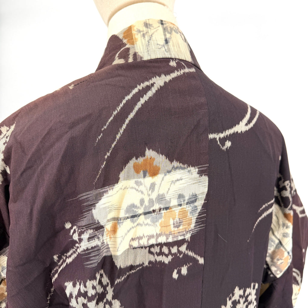 Vintage 50 Showa Era Black 100% Silk Woven Ikat Meisen Kimono Robe Gown
