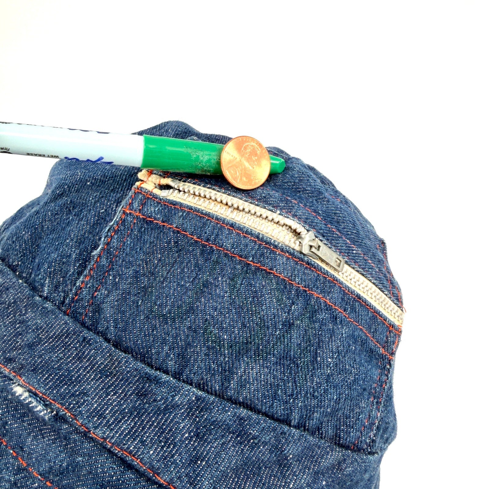 Vintage 70s Handmade Blue Denim Steel Zipper Utility Bucket Hat