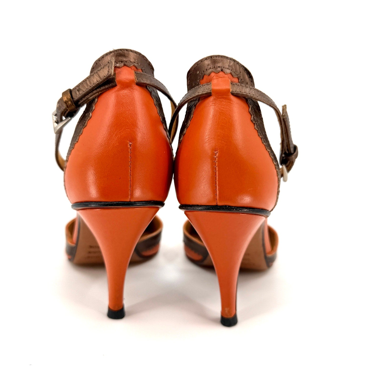 Vintage Y2K Samanta Orange Bronze 100% Genuine Leather T-Strap Kiltie Heels