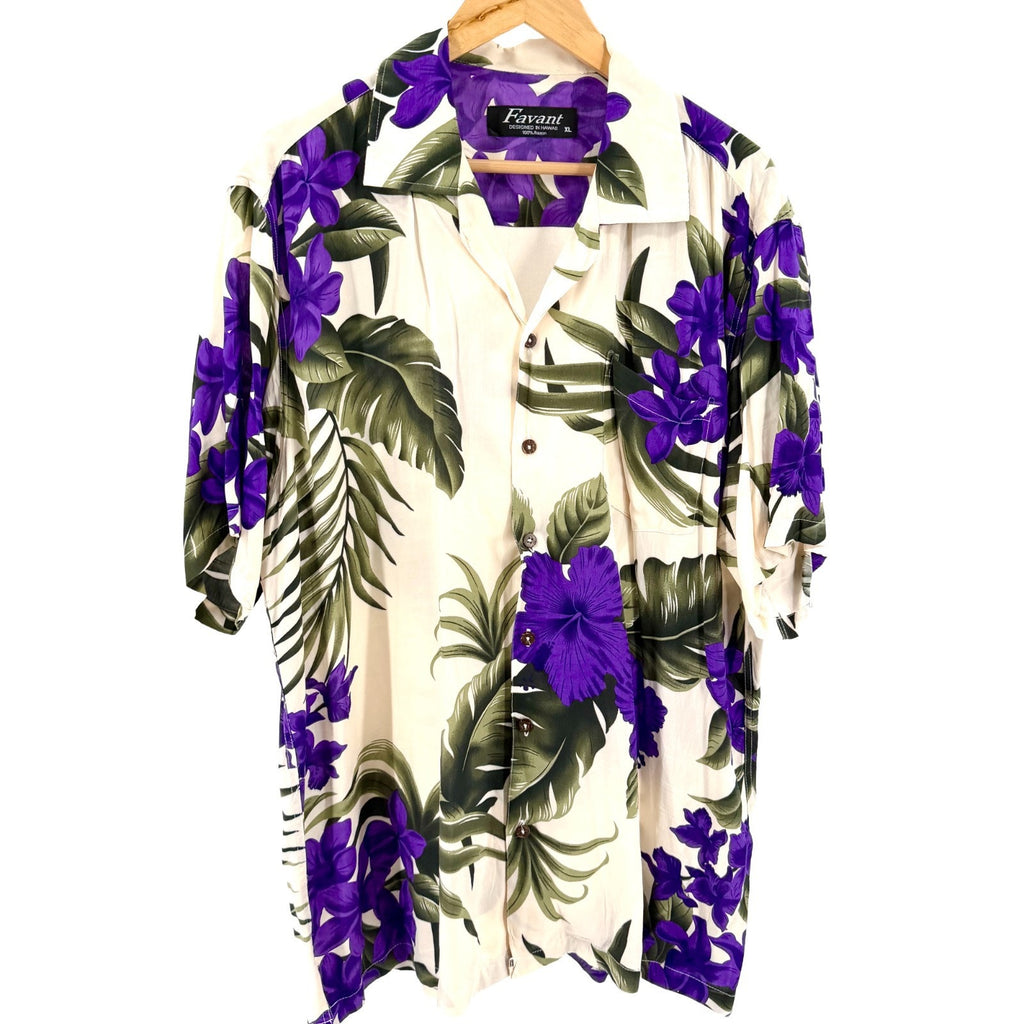 Vintage 90s Favant Purple Cream Tropical Floral Hawaiian Camp Shirt