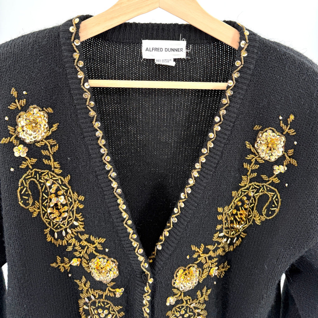 Vintage 90s Alfred Dunner Black Gold Sequin Beaded Cardigan