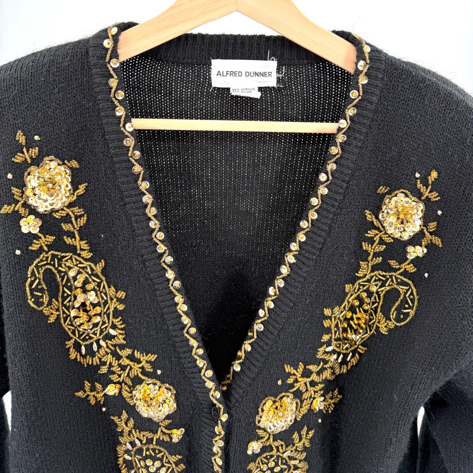 Vintage 90s Alfred Dunner Black Gold Sequin Beaded Cardigan