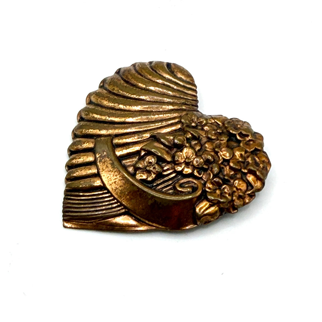 Vintage 80s Bronze Tone Fluted Heart Floral Swirl Brooch Pin